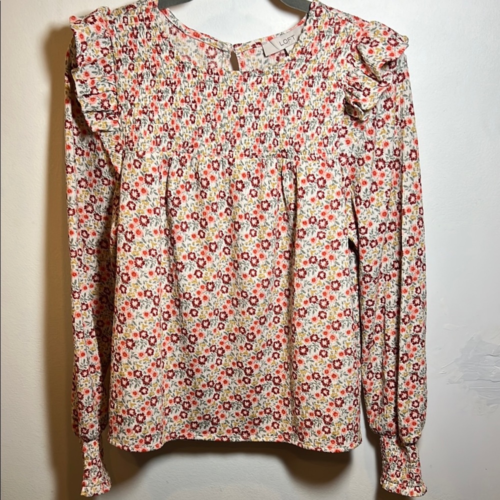LOFT US Size M Floral Ruffle Shoulder Smocked Stretch Shirred Blouse Top